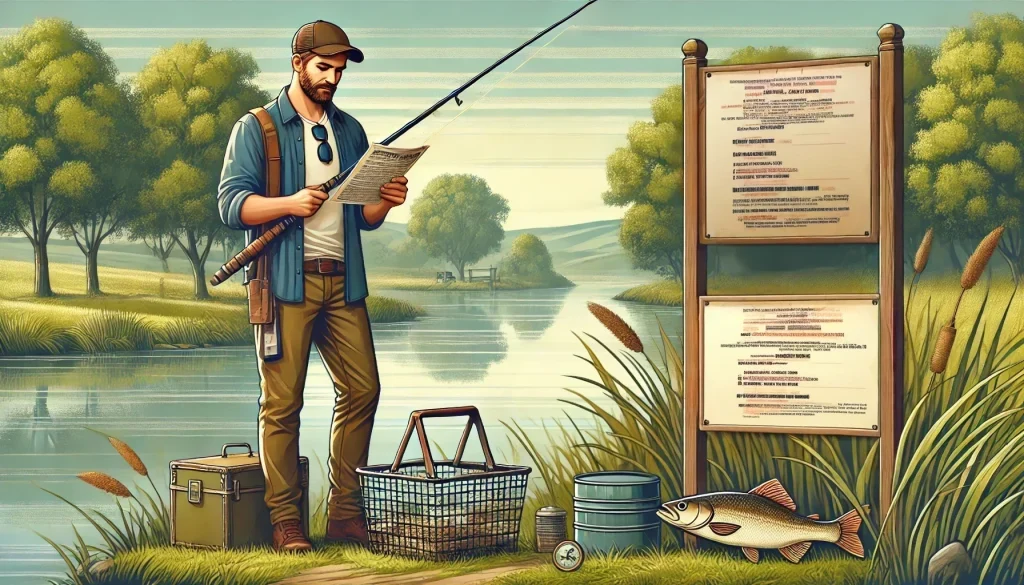 Pêcheur lisant une carte au bord d'un lac, entouré de son équipement de pêche, avec un panneau d'informations à côté.