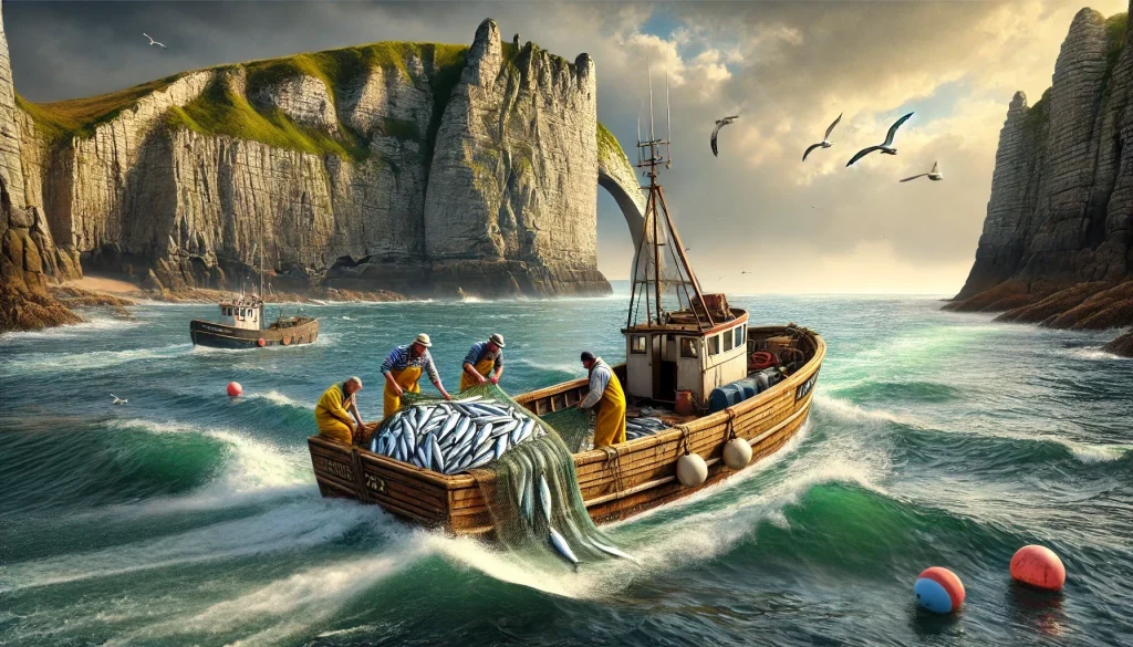 Pêcheurs sur un bateau en mer, vidant leurs filets remplis de poissons près de falaises impressionnantes