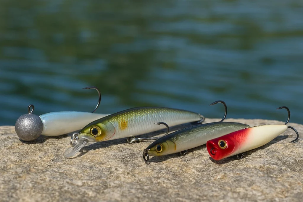 Quatre leurres de pêche pour le bar posés sur une pierre, avec en arrière-plan une surface d’eau calme.